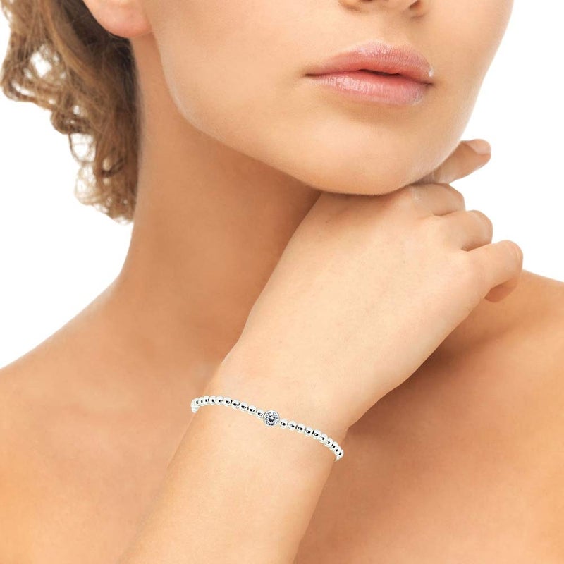 B. BRILLIANT Sterling Silver Polished Beads Stretchable Stackable Bracelet with Clear Crystal - Image 3
